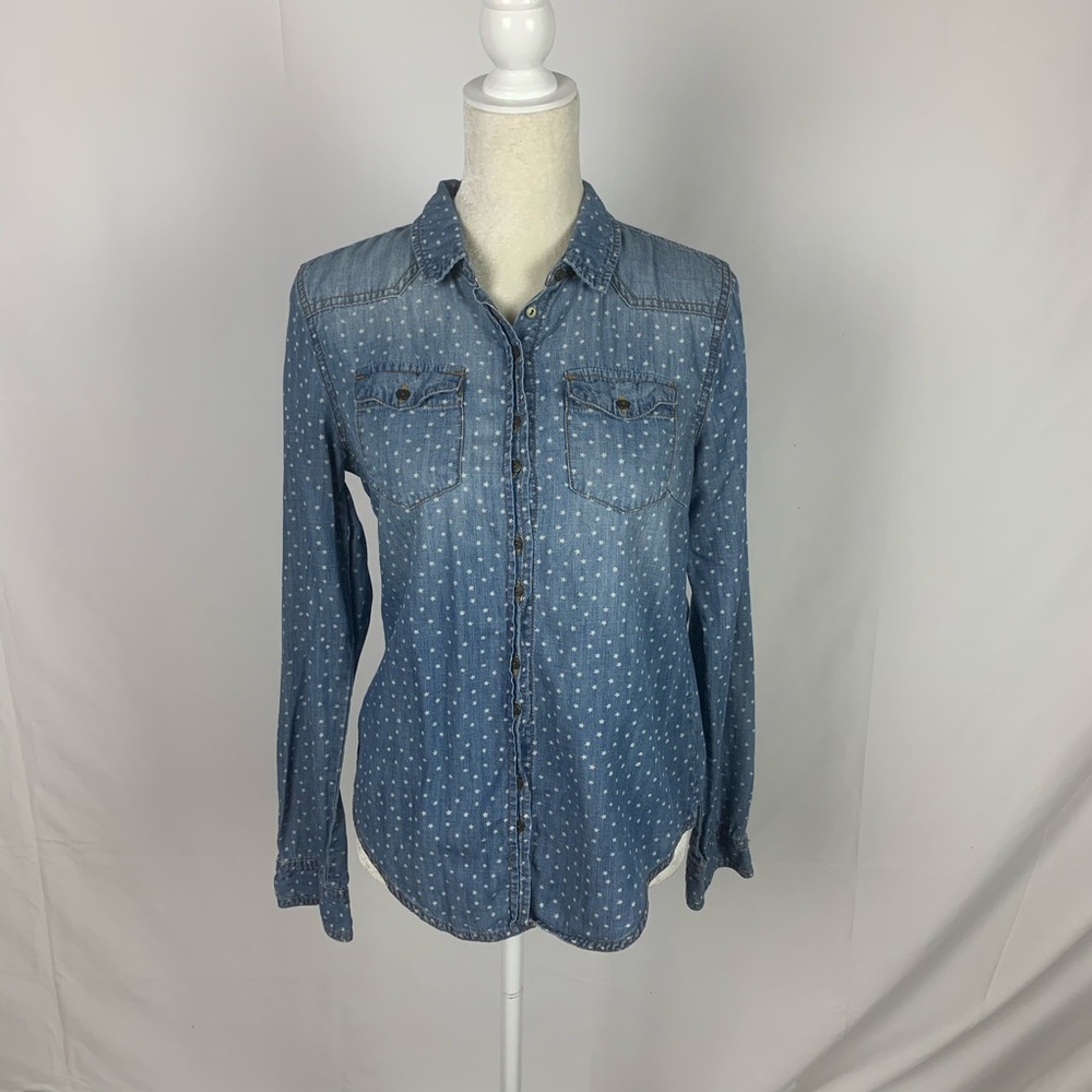Life In Progress Star Denim Button Down Shirt Top Women Size Medium